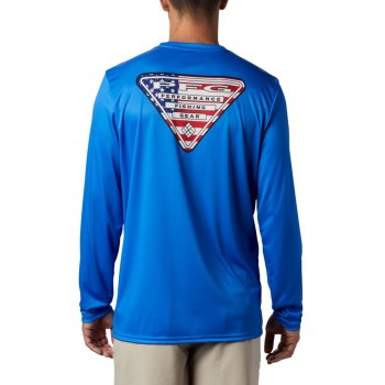 Columbia PFG Terminal Tackle Country Triangle Long Sleeve, Sudaderas Azules Para Hombre | 430587-VCW